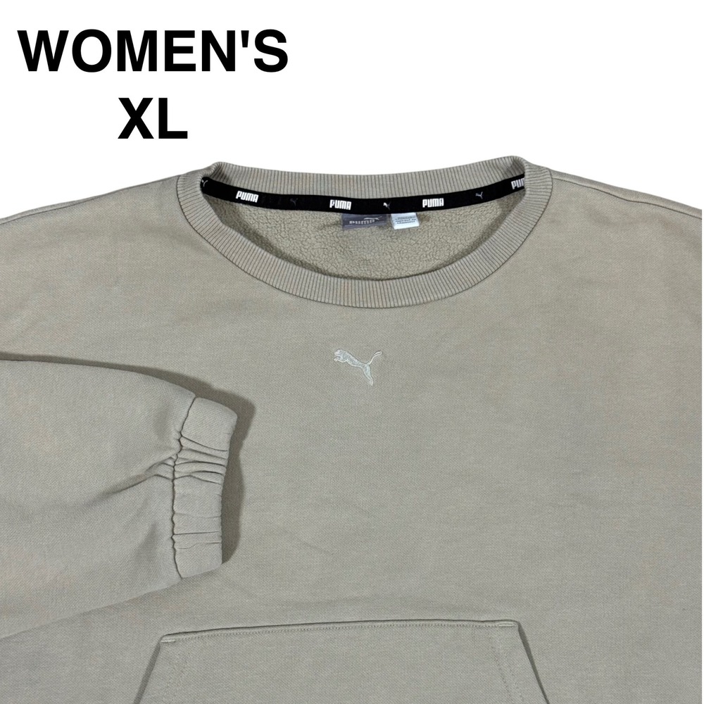 Puma Women's Crop Sweatshirt Beige Crewneck Pullover Kangaroo Pocket Medium